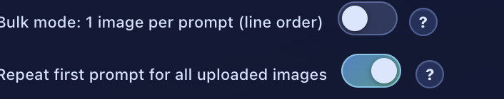 Bulk mode toggle (off) and Repeat first prompt toggle (on) with help buttons