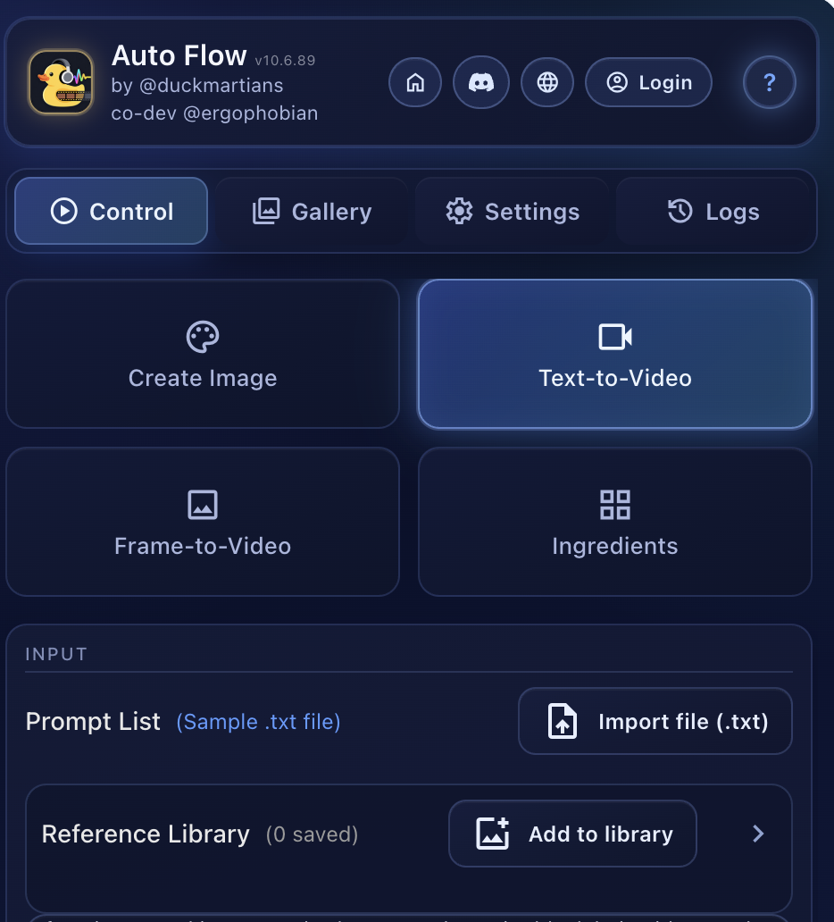 Auto Flow Control Panel — Full view showing header with mode selection, prompt input, reference library, prompt mapping, and queue controls