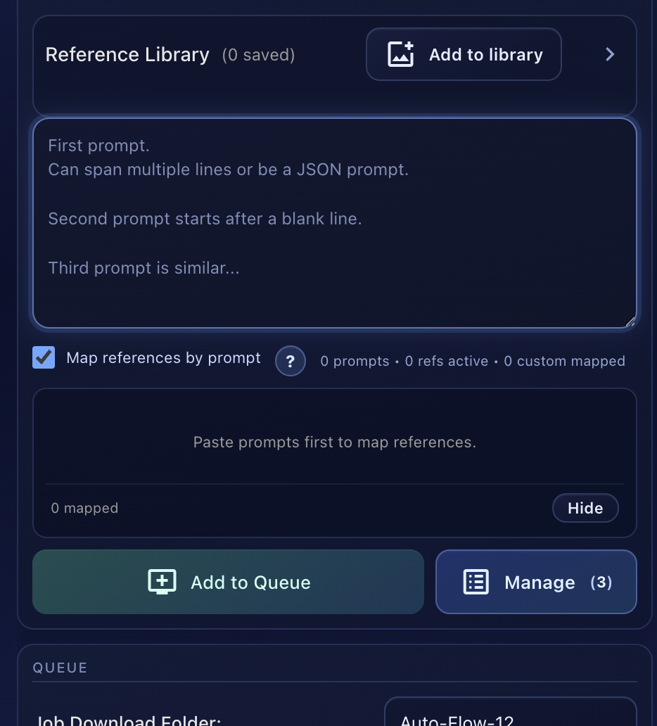 Lower section of Control panel showing Reference Library, prompt mapping, Add to Queue and Manage buttons