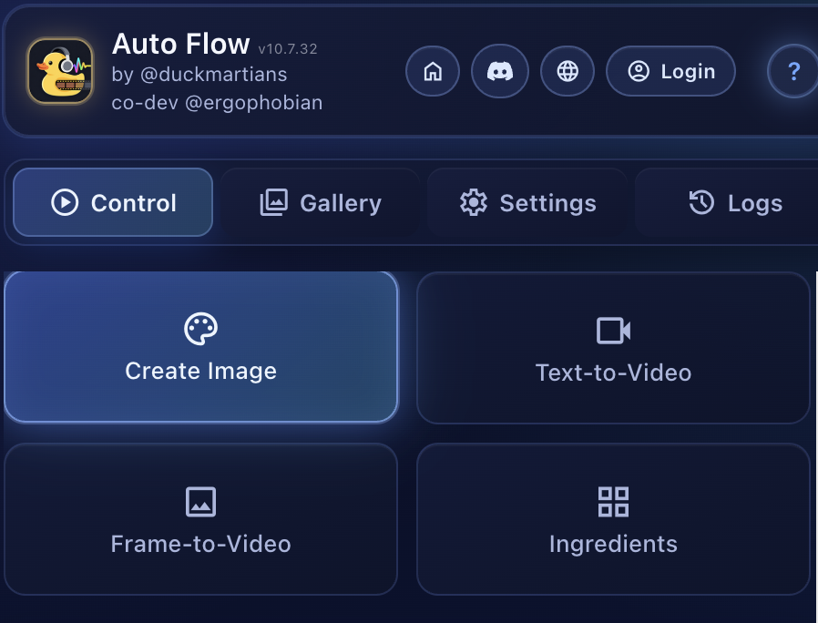Control Panel header with 4 generation mode buttons: Create Image, Text-to-Video, Frame-to-Video, and Ingredients