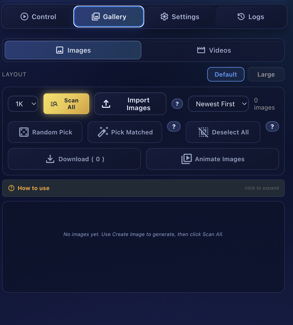 Gallery tab full view showing Images/Videos toggle, Default/Large layout buttons, Scan All golden button, Import Images, sort by Newest First, Random Pick, Pick Matched, Deselect All, Download, and Animate Images buttons