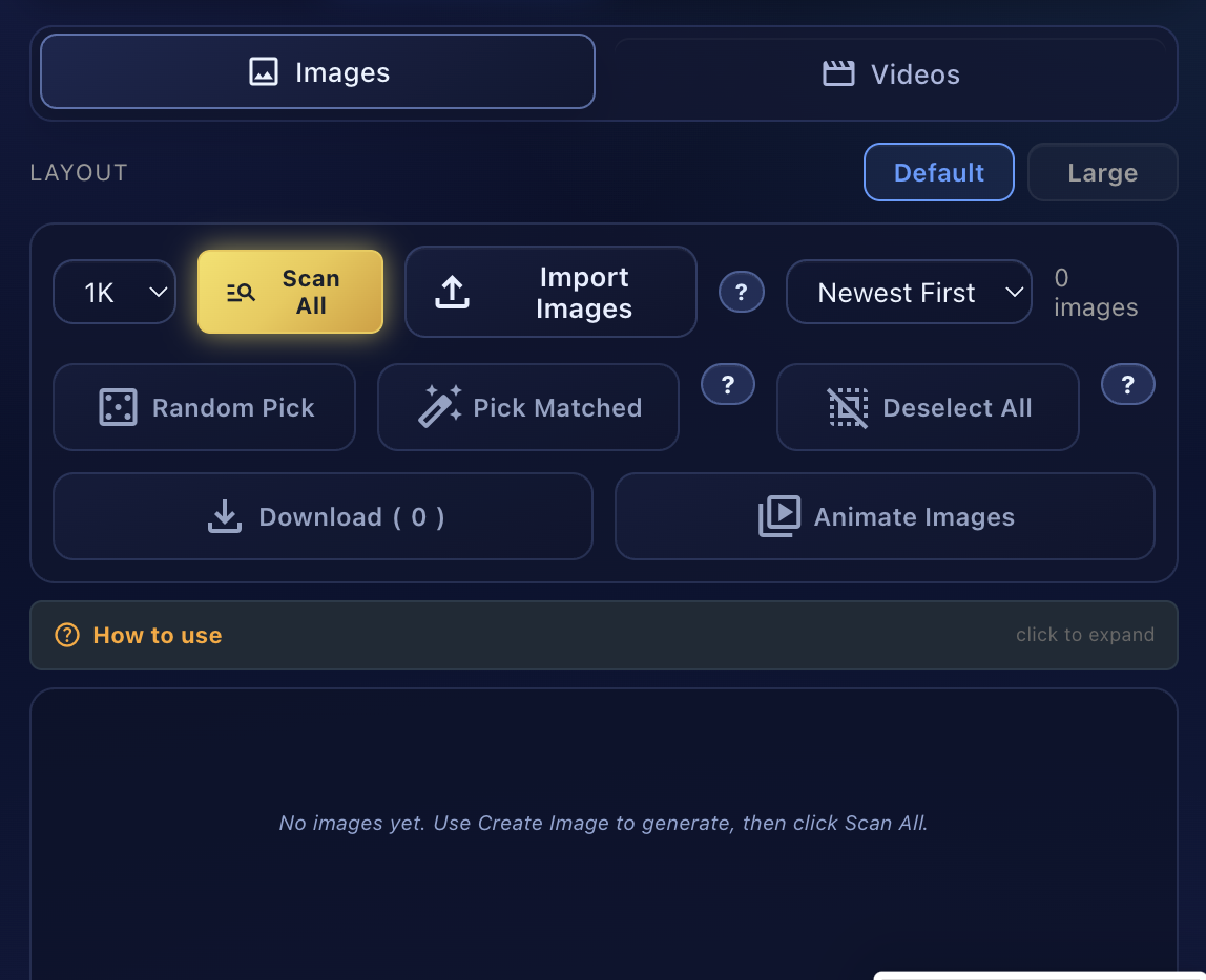 Images gallery showing all controls: 1K resolution dropdown, Scan All button, Import Images, sort dropdown, Random Pick, Pick Matched, Deselect All, Download, and Animate Images
