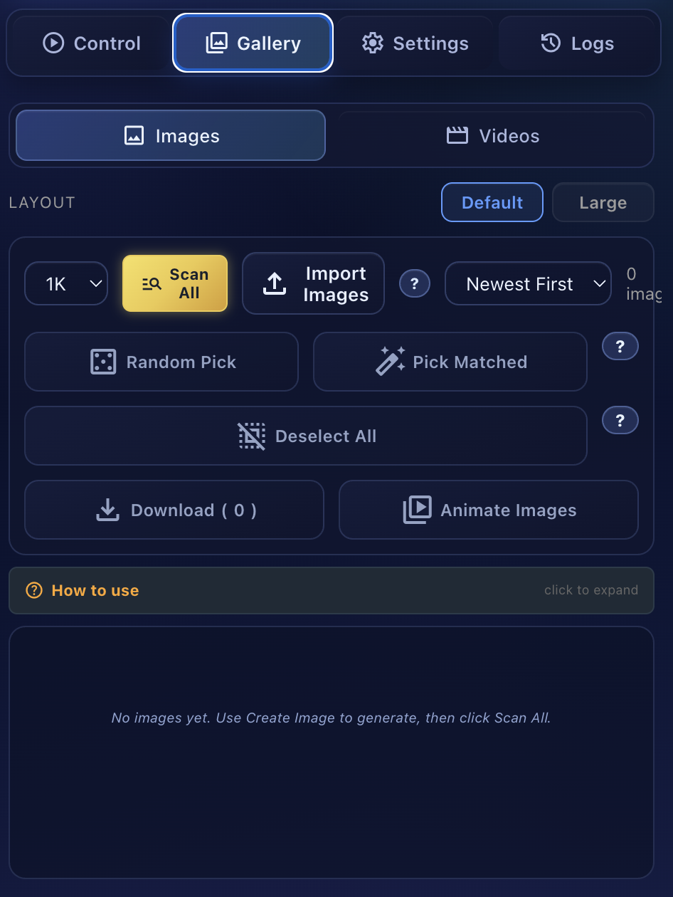 Gallery tab showing Images/Videos toggle, layout options (Default/Large), Scan All button with gold glow, Import Images, sort dropdown, Random Pick, Pick Matched, Deselect All, Download, and Animate Images buttons