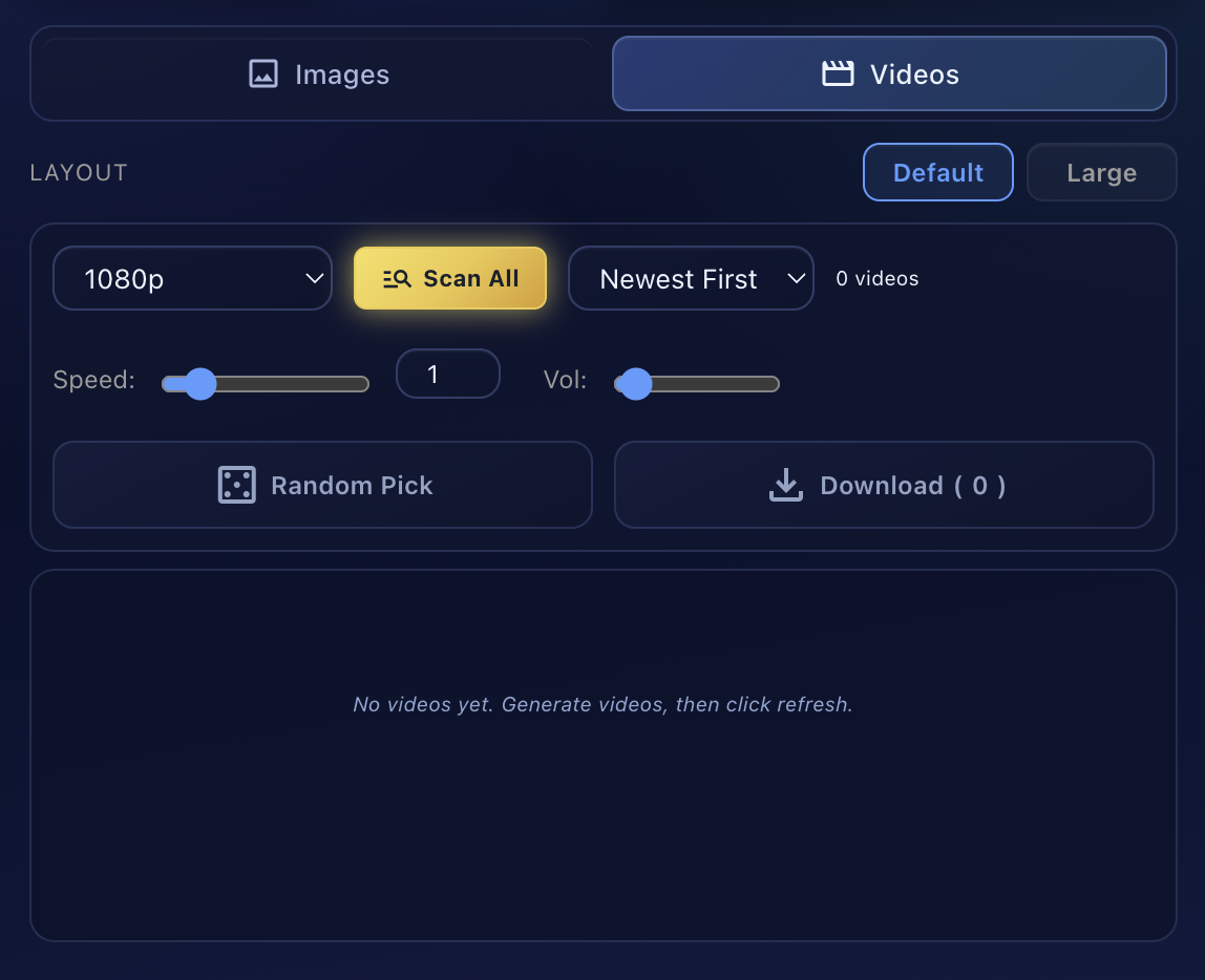 Videos gallery showing 1080p resolution dropdown, Scan All button, sort dropdown, Speed and Volume controls, Random Pick and Download buttons