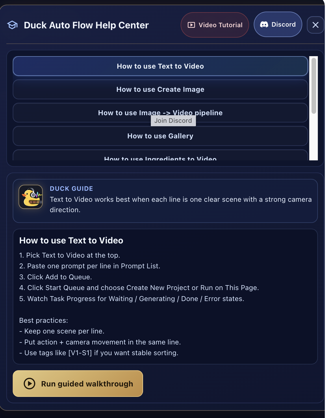Duck Auto Flow Help Center overlay with Video Tutorial and Discord buttons, guide sections for Text to Video, Create Image, Image to Video pipeline, Gallery usage, and guided walkthrough button