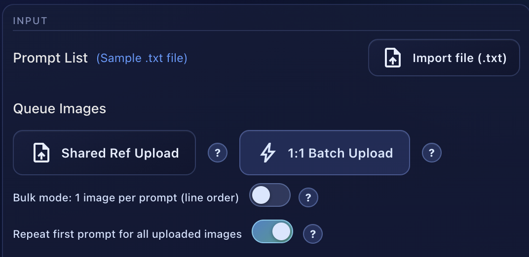 Input section showing Prompt List field, Queue Images with Shared Ref Upload and 1:1 Batch Upload buttons, bulk mode and repeat toggles, and Reference Library