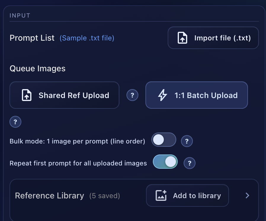 Upload controls showing Shared Ref Upload, 1:1 Batch Upload, bulk mode toggle, and Reference Library