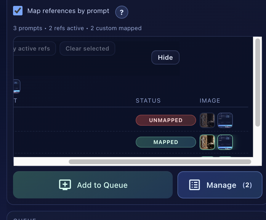 Reference mapping showing UNMAPPED and MAPPED prompts with image thumbnails assigned to each prompt row