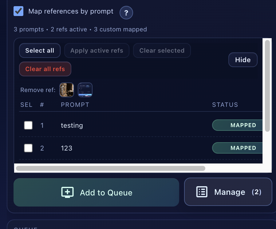 Map references by prompt panel showing 3 prompts with 2 refs active and 3 custom mapped, Select all/Apply/Clear buttons, and prompt list with MAPPED status badges