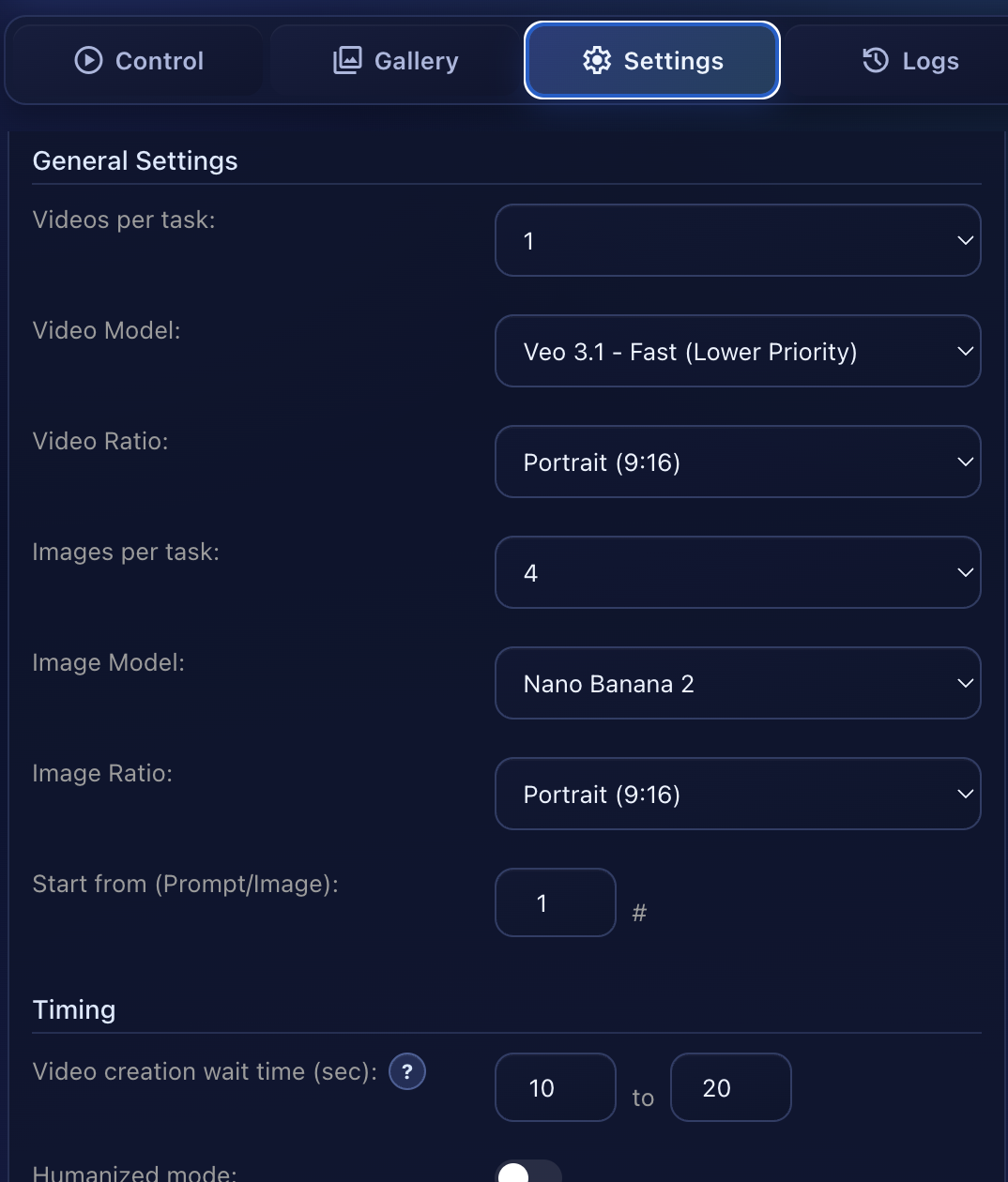 Settings tab showing General Settings: Videos per task, Video Model (Veo 3.1 Fast), Video Ratio (Portrait 9:16), Images per task, Image Model (Nano Banana 2), Image Ratio, Start from index, and Timing section