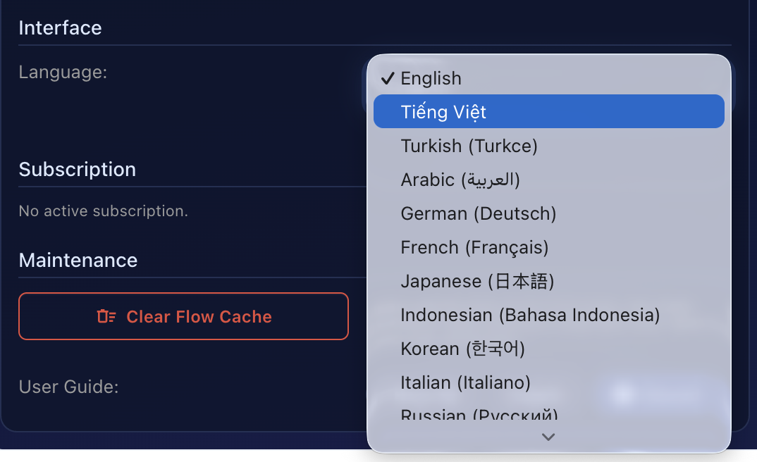Interface section showing Language dropdown with 14+ options including English, Vietnamese, Turkish, Arabic, German, French, Japanese, Indonesian, Korean, Italian, Russian. Subscription status and Maintenance section visible