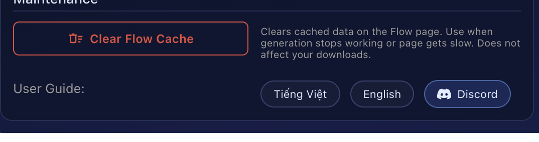 Maintenance section with red Clear Flow Cache button, description text, and User Guide links for Vietnamese and English plus Discord button